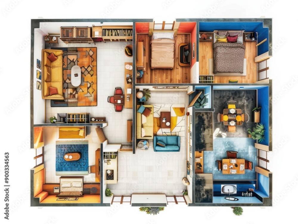 A floor plan of a house with a blue room, a yellow room, and a red room A floor plan of a house with a blue room, a yellow room, and a red room