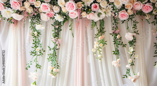 Elegant wedding decorations with lush floral arrangements and draped fabric backdrops in pastel and white tones, creating a romantic and luxurious atmosphere