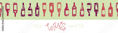 Wine bottles pattern seamless. Hand-drawn coal sketches of red wines and white wines in vector. Winery frame design, grape alcohol pattern.