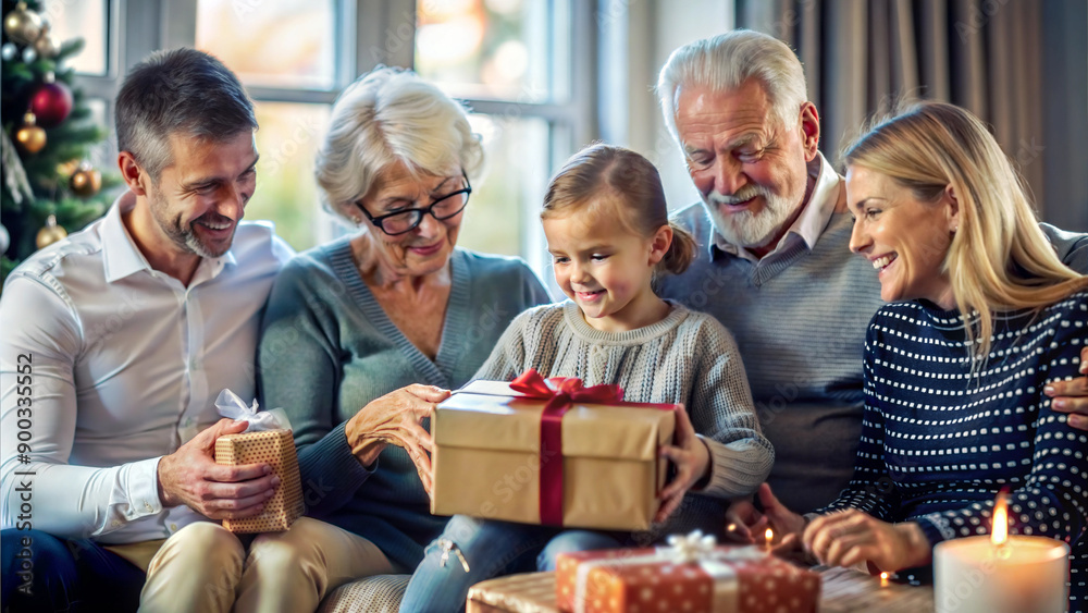 Obraz premium Merry Christmas and Happy Holidays! Cheerful family of three generations are exchanging gifts and smiling while sitting on sofa at home.
