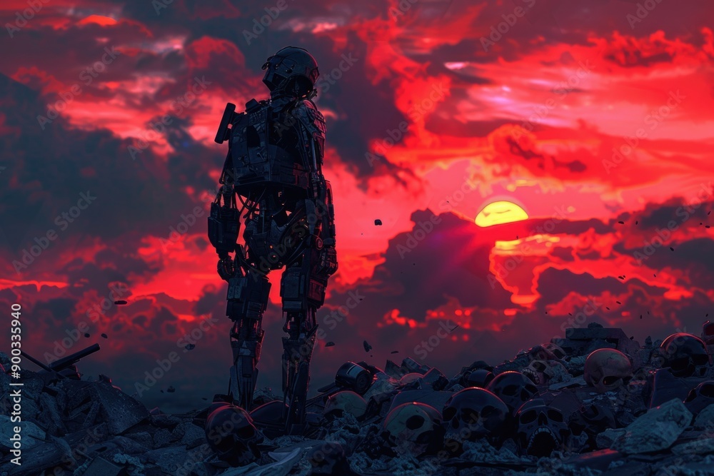A person standing amidst a field of human skulls against a warm sunset backdrop A person standing amidst a field of human skulls against a warm sunset backdrop