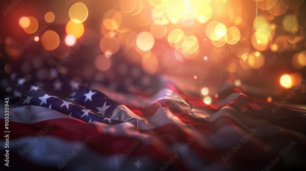 Close-up shot of an American flag with colorful lights in the background