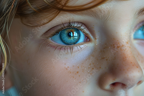 Close up baby girl eye photo. Caucasian kid child girl eye macro nature beauty blue color iris and brown hair. Look to the camera close view portrait photo.