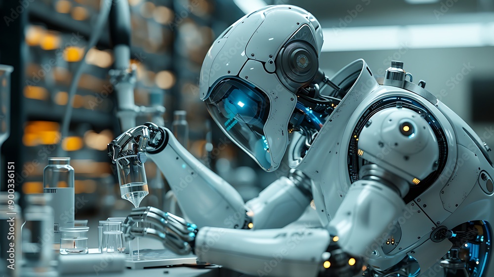 Fototapeta premium A white robot conducts an experiment in a laboratory.