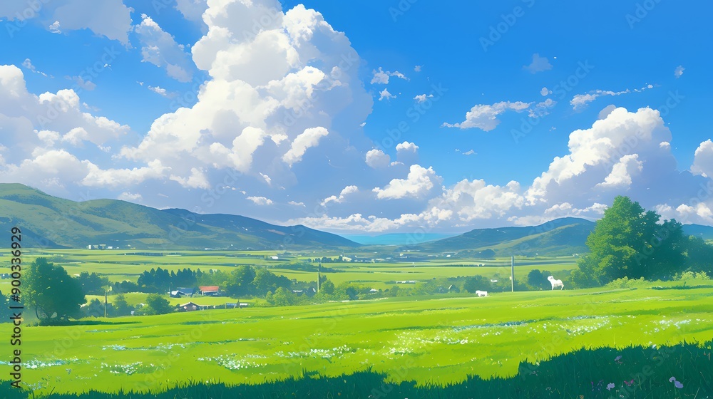 Idyllic Countryside Landscape with White Clouds.