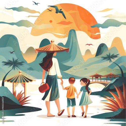 A vibrant illustration of an Asian family enjoying a tropical beach vacation under palm trees, with the ocean and clear sky in the background. photo