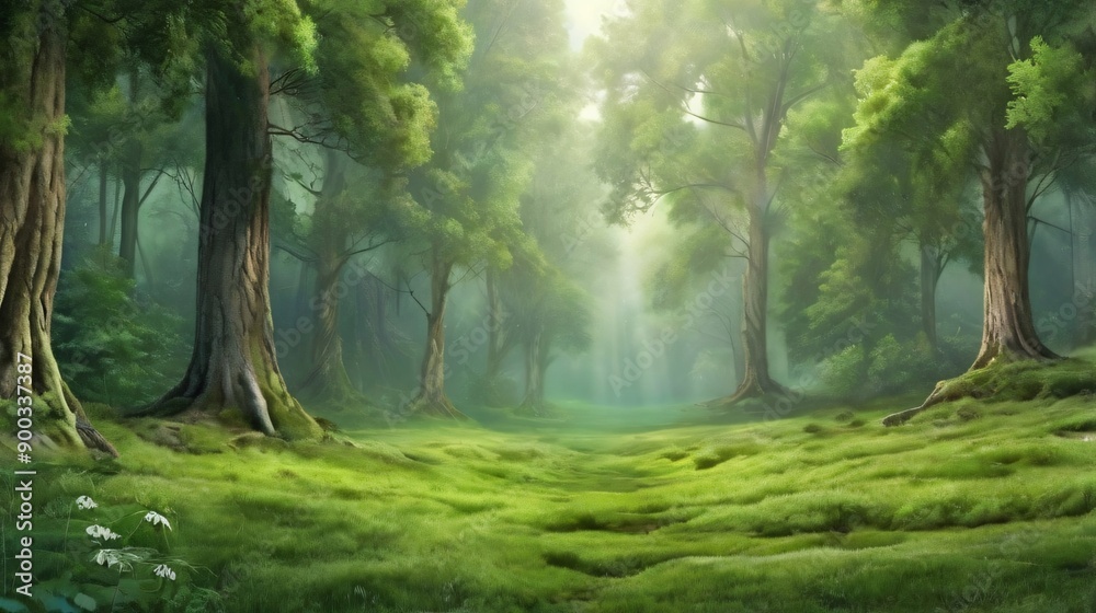 Naklejka premium Sunbeams dance through misty morning woods, painting golden hues on emerald leaves