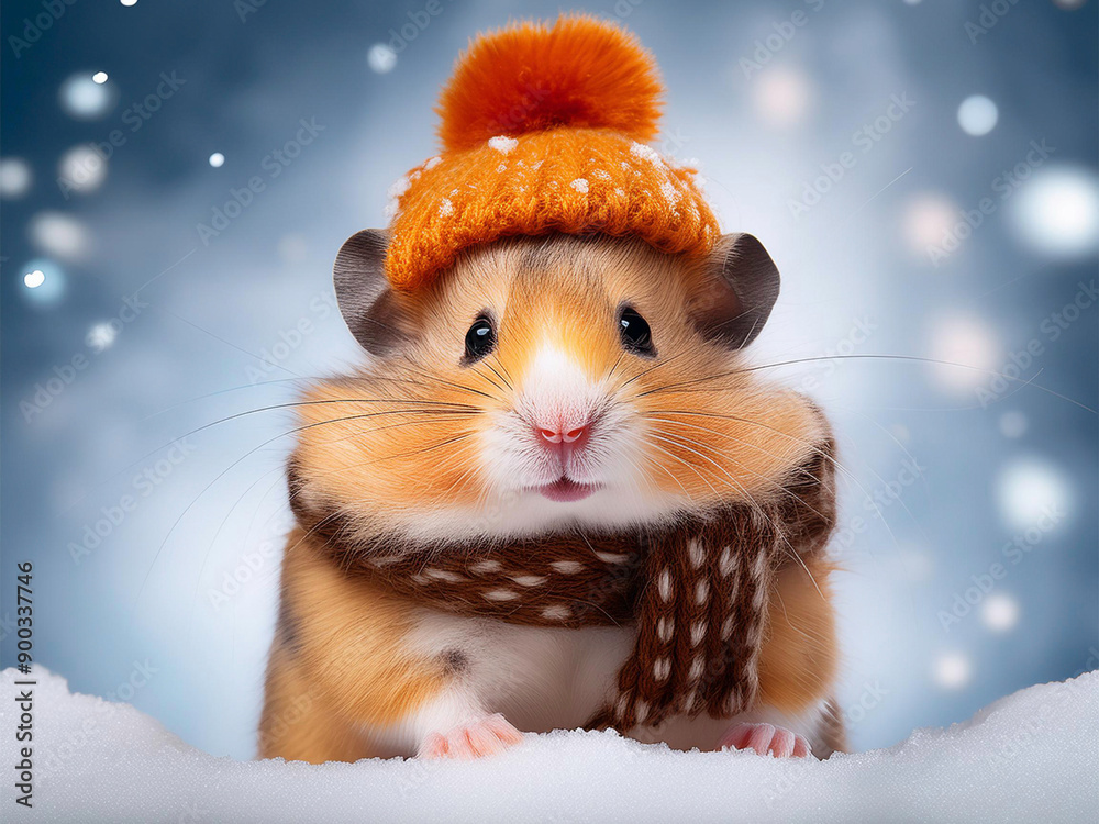 Ein Hamster mit Wollmütze und Schal im Winter