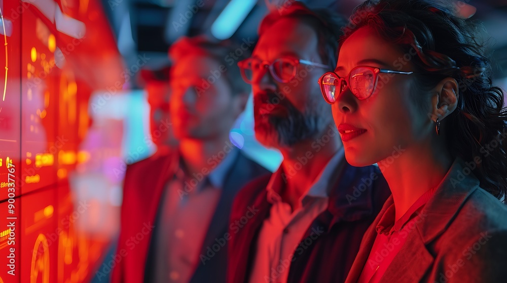 Obraz premium Three people in a dimly lit room, lit by neon lights, looking at a digital screen, the woman is in focus.