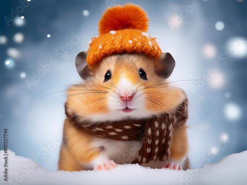 Obraz na płótnie Ein Hamster mit Wollmütze und Schal im Winter w salonie