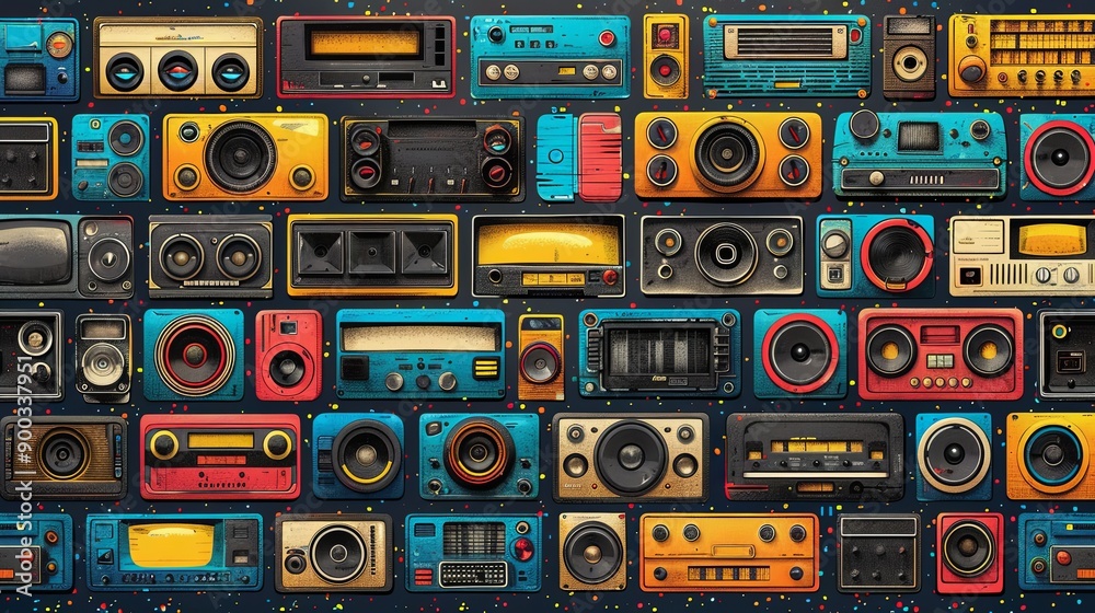 Obraz premium vector, illustration, Set of Groovy square posters, funky seamless pattern, 70s-90s stickers . Retro print with hippie motivational slogan. Crazy characters of old technologies, fun symbols