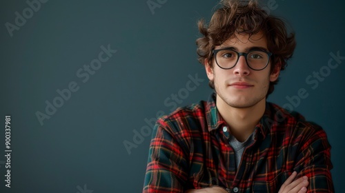 A nerdy guy with glasses smiles against a dark blue background, showcasing his unique personality and style with a friendly expression. photo