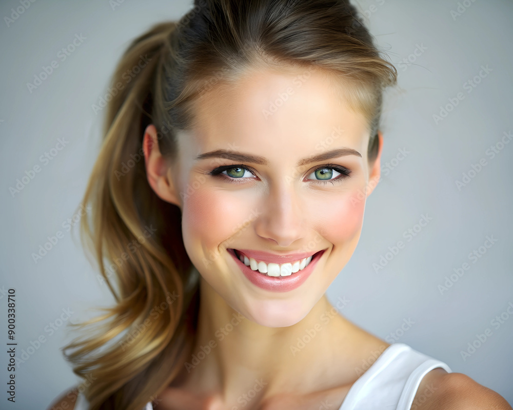 Naklejka premium A close-up portrait of a young woman with light brown hair pulled back in a ponytail, smiling brightly. Her skin is fair and glowing, and her teeth are white and bright, copy space
