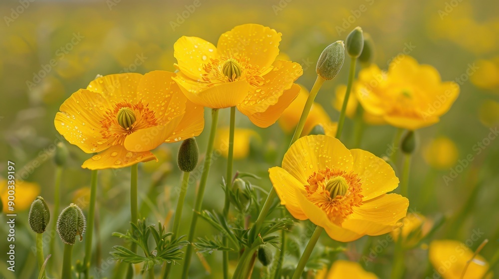 Obraz premium Buttercup: With their bright, joyful blooms, buttercups represent childishness and cheerfulness. They add a splash of color to meadows and garden landscapes. 