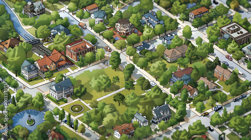 Colorful map with icons of attractions in a bustling neighborhood, perfect for exploring on foot.
