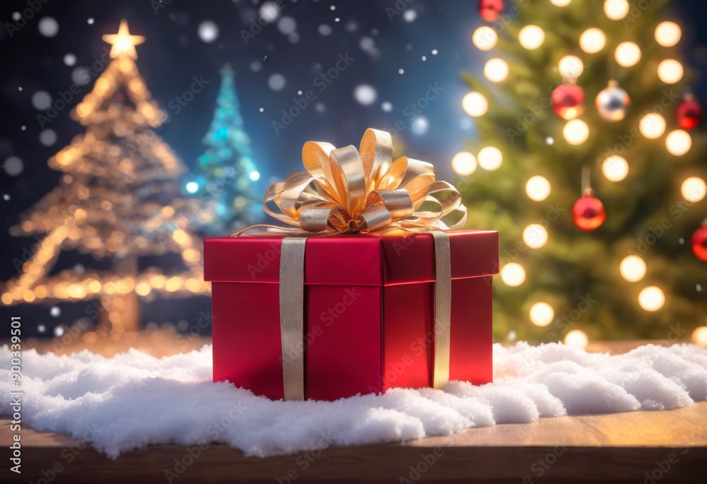 Red Christmas Gift Box with Golden Ribbon and Bow on Snowy Table.