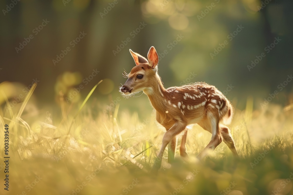 painting of stream running through forest, fluffy baby alpactakes its first shaky steps, its legs wobbling beneath it