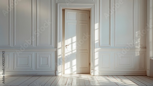 A sleek, white door with a smooth surface, featuring daylight and gentle shadows for a clean look.