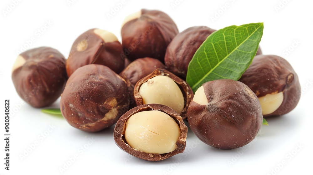 Fresh organic macadamia nuts in shells with leaves isolated on white background.