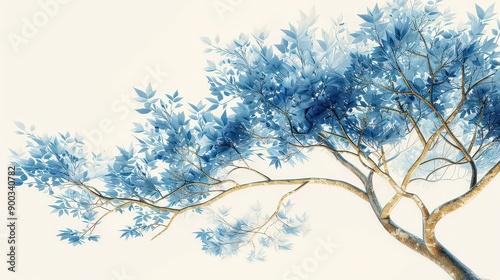 Illustrate a majestic tree with gold-trimmed branches and blue leaves, set against a white background to represent growth, prosperity, and serenity. © Lamina