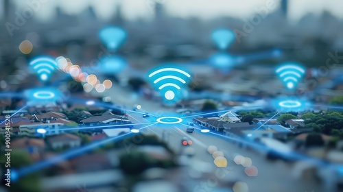 Display a map with WiFi network symbols indicating various hotspots, set against a white background to represent coverage and connectivity in different areas.