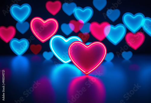 light neon bokeh valentine background blue hearts high resolution high details vibrant
