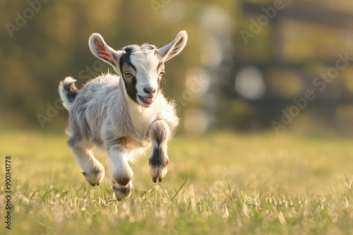 goat running through field with fence in the background, baby goat frolics in field, leaping and bounding with joy