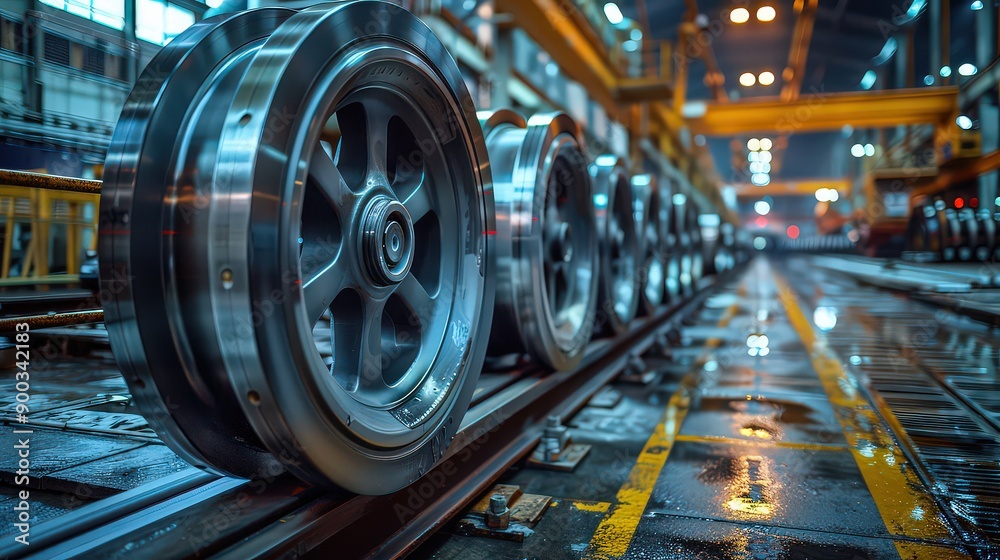 Steel train wheels lined up in a factory, highlighting the industrial process of manufacturing and the precision of engineering. Steel train wheels lined up in a factory, highlighting the industrial process of manufacturing and the precision of engineering.