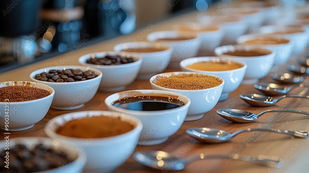 Fototapeta premium scene from a coffee tasting event, with different coffee cups lined up, spoons, and tasting notes, highlighting the diverse flavors and aromas of various coffee blends.