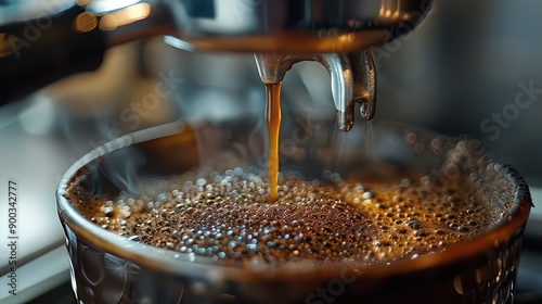  close-up of the pour-over coffee brewing process, with hot water being poured over coffee grounds in a filter, emphasizing the slow and meticulous method.