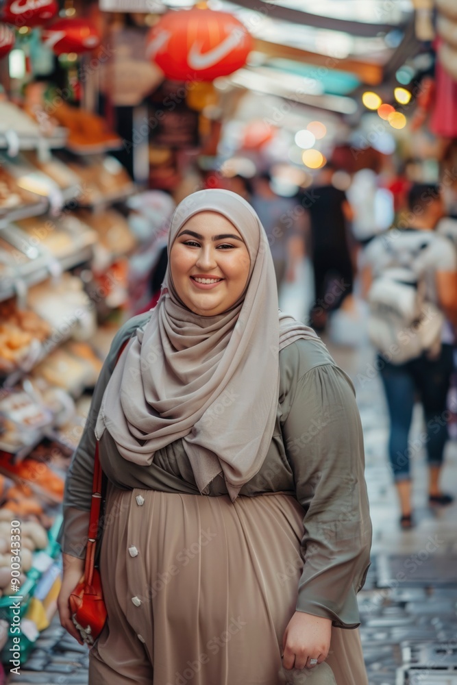 Smiling Woman in Hijab Walking Through a Market Smiling Woman in Hijab Walking Through a Market