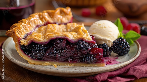 A delicious slice of blackberry pie with a flaky crust and a juicy, dark filling, served on a plate with a scoop of vanilla ice cream on the side.