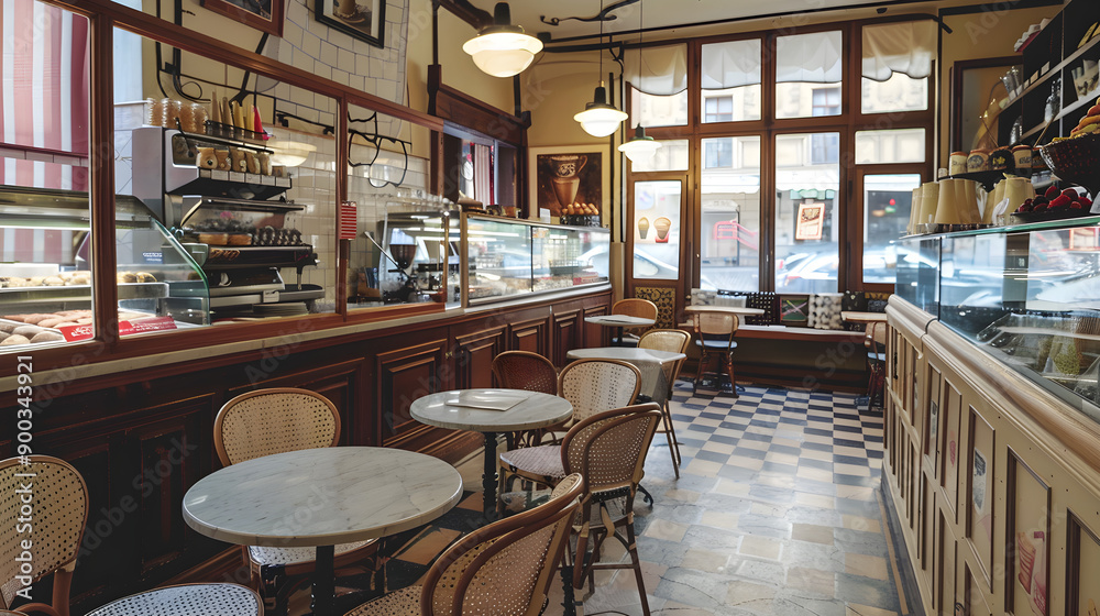 Vintage charm, old-fashioned ice cream parlor in bustling city center ...