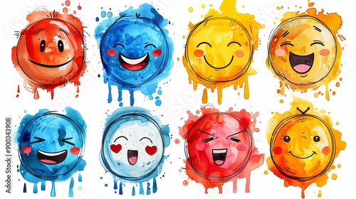 vector, illustration, Round abstract comic Faces with various Emotions. Crayon drawing style. Different colorful characters. Cartoon style. Flat design. Hand drawn trendy Vector illustration
