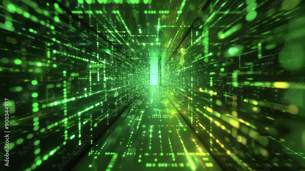A digital tunnel of green lights creating a futuristic and abstract visual effect A digital tunnel of green lights creating a futuristic and abstract visual effect