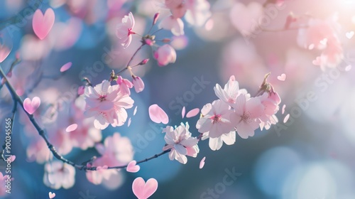 Valentine's Day atmosphere light pink and white heart-themed background with bokeh effects, featuring airy, flying hearts, creating a romantic and blurred 