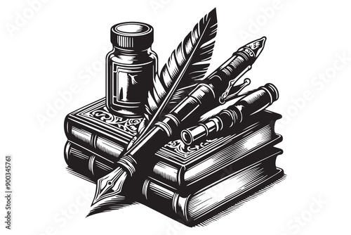 A vintage fountain pen and inkwell in a classic black and white drawing