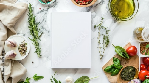 Blank white book cover mock-up on an Italian kitchen table surrounded by fresh herbs and Italian ingredients photo