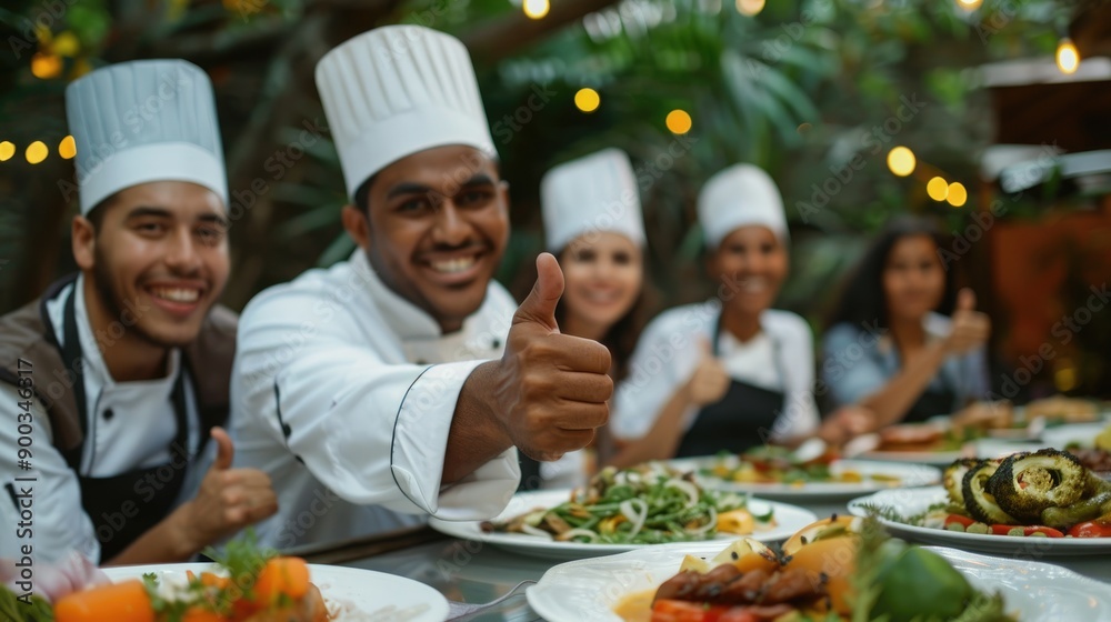 Smiling chef with a thumb up behind a festive dining table full of dishes Smiling chef with a thumb up behind a festive dining table full of dishes