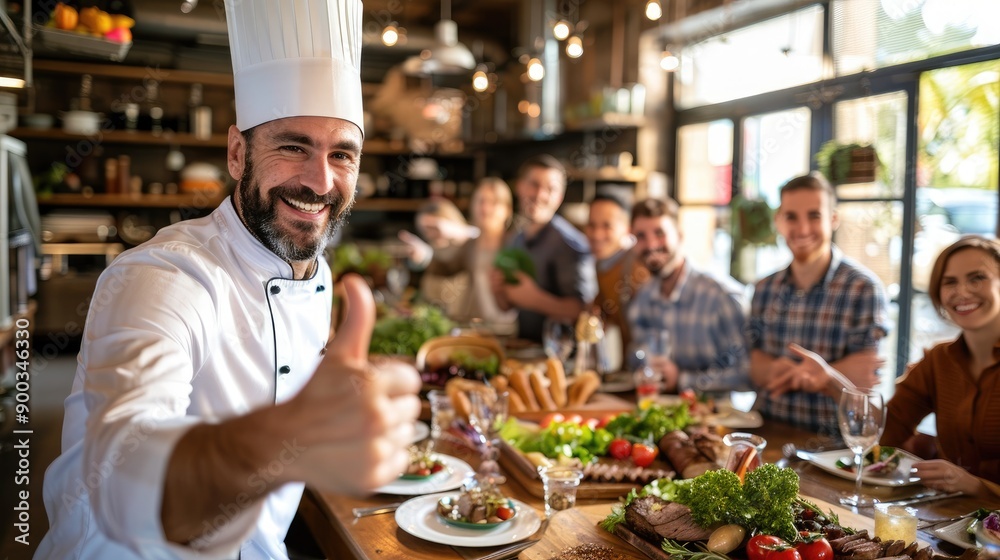 Smiling chef with a thumb up behind a festive dining table full of dishes