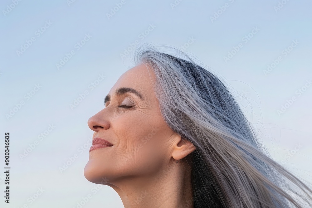 A joyful woman stands in tranquility, eyes closed and a gentle smile on her face, with grey hair dancing softly in the breeze under a bright blue sky. A joyful woman stands in tranquility, eyes closed and a gentle smile on her face, with grey hair dancing softly in the breeze under a bright blue sky.