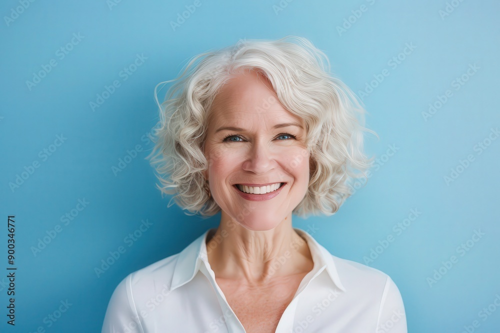 A cheerful woman with curly grey hair smiles brightly, exuding warmth and positivity against a vibrant blue backdrop. A cheerful woman with curly grey hair smiles brightly, exuding warmth and positivity against a vibrant blue backdrop.