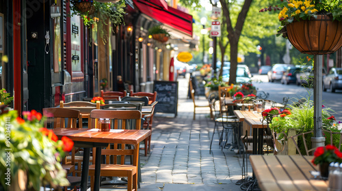 Charming outdoor dining scene with colorful umbrellas, sidewalk cafes, and people enjoying delicious food.