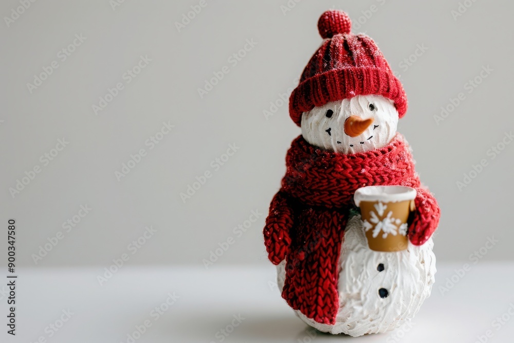 An endearing snowman figurine, wrapped in a cozy scarf and hat, stands proudly while holding a warm drink, radiating festive cheer. An endearing snowman figurine, wrapped in a cozy scarf and hat, stands proudly while holding a warm drink, radiating festive cheer.