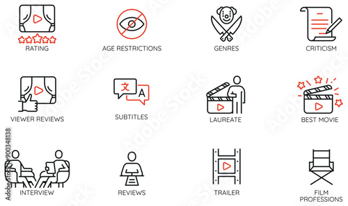 Vector Set of Linear Icons Related to Cinematography, Film´s Review and Cinema Industry. Mono line pictograms and infographics design elements