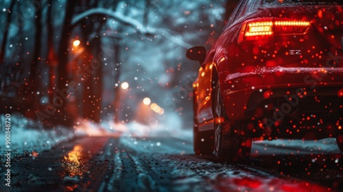 Red Car Driving in Snowy Forest with Blurred Lights and Snowflakes Falling at Night photo