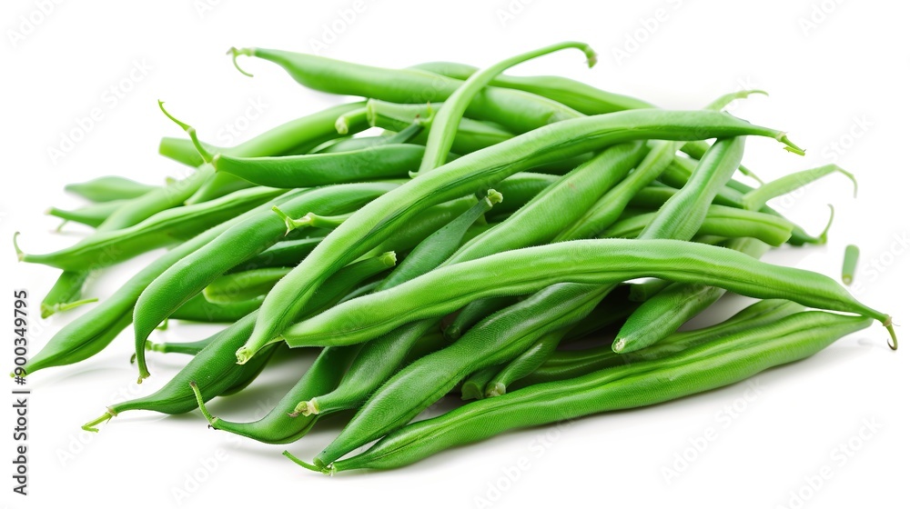 A pile of green beans on a white background close up, side view A pile of green beans on a white background close up, side view
