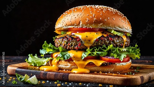 Show a single burger on a wooden board against a black background with beautiful lighting. The burger should be the sole focus, sitting prominently on the wooden board. The black background. photo