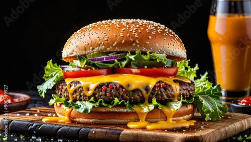 Show a single burger on a wooden board against a black background with beautiful lighting. The burger should be the sole focus, sitting prominently on the wooden board. The black background. photo