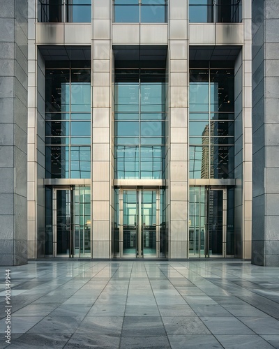 Architectural view of a business hall with large glass windows, emphasizing the empty interior of an office building with sleek design elements.